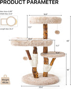 Aesthetic Cat Tree Tower for Large Cats, Large Cat Tree for Maine Coon Indoor Cats with Faux Fox Fur, Solid Wood Sisal Scratching Post, Perches, Platform & Toy Ball