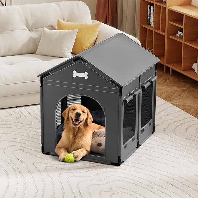 Dog House Indoor Dog Kennel Bed Mat with Cushion for Small Medium Large Dogs Cats, Winter Warm Cat Nest Puppy Cave Sofa Pet Products Easy Assembly (Grey, X-L: 33.9" L x 26.8" W x 33.9" H)