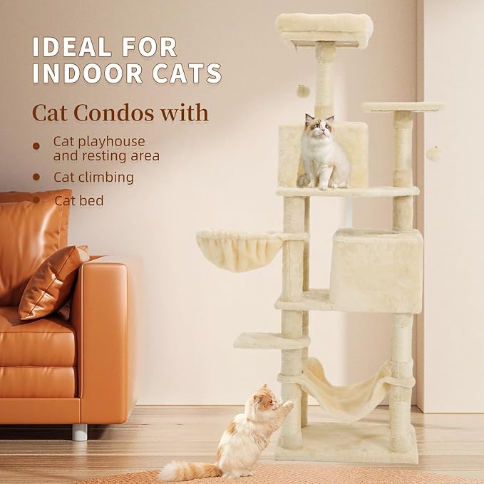 61 Inch Cat Tree with Platform & Hammock, Plush Perch Scratcher & Playhouse for Indoor Cats(Beige)