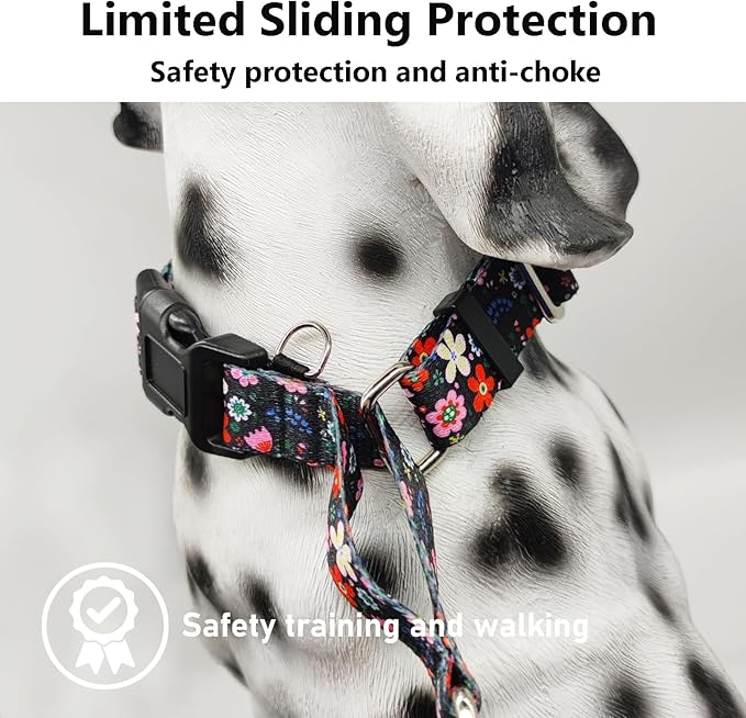 Martingale Dog Collar with Buckle Adjustable Nylon Limited Slip No Pull Training Floral Dog Collars (Black Pink Red, XSmall)