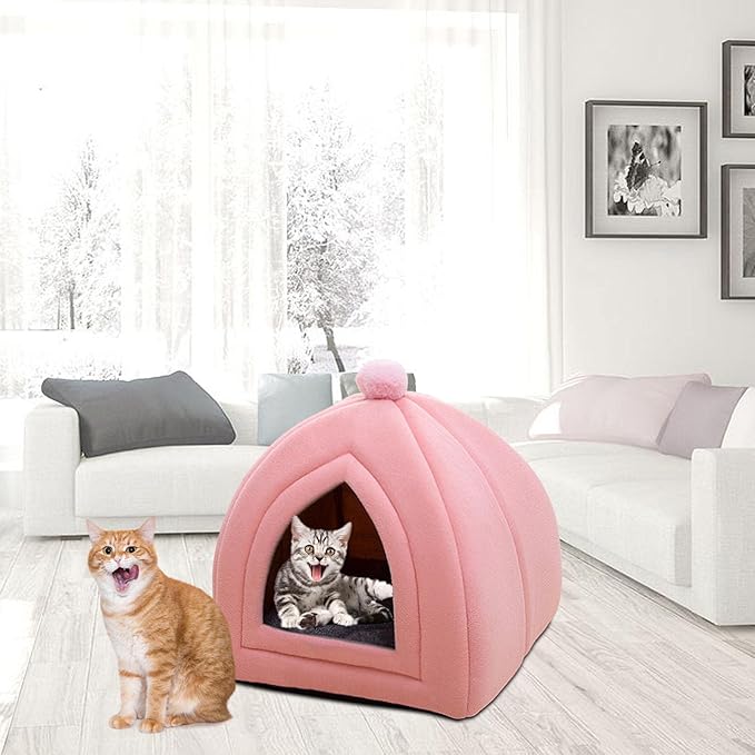 Cat Bed House Warm Cave Kennel Cushion Pad Soft Indoor Enclosed Tent Huts Sofa for Pet Cats Kittens Puppy, Pink