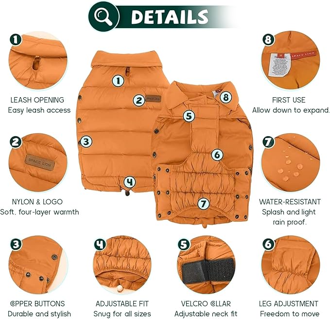 SPACE LION Dog Puffer Jacket, Down Winter Coat, Durable Outdoor Coat for Cold and Windy Conditions, Lightweight & Adjustable Fit Coats for Small & Medium Dogs, (Orange, Size 12 Gift Box)