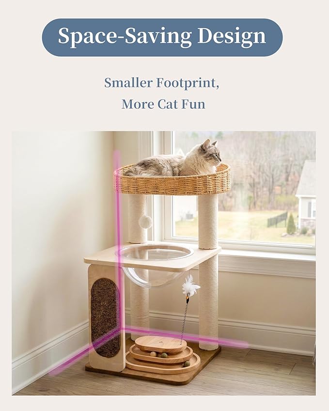 Modern Cat Tree for Large Cats, Modern Cat Tree Tower with Wide Shelves Cotton Scratching Posts, Super Sturdy Base, Cozy Perches, and Interactive Toys for Indoor Kittens 31-Inch