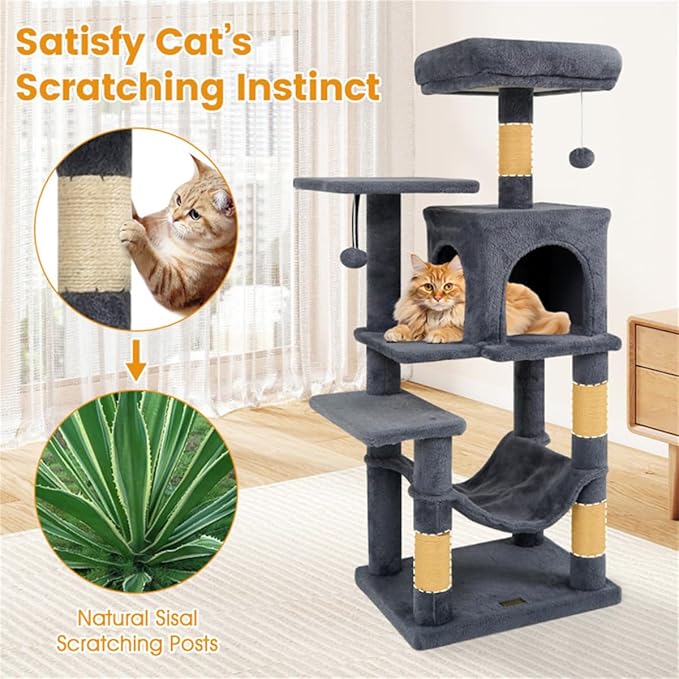SUBARASHII 44" Multi-Level Cat Tree with Spacious Top Perch, 2-Door Condo & Hammock for Indoor Cats -Gray