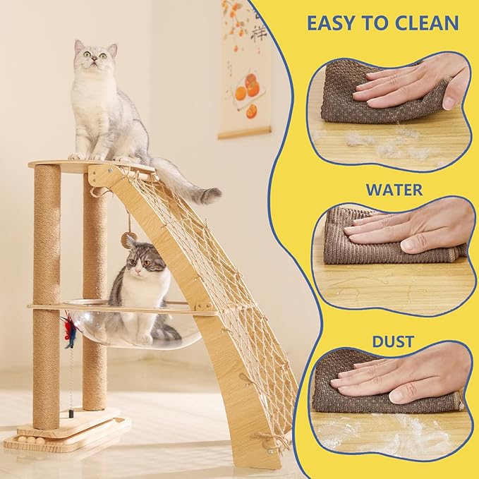 Wood Cat Tree Tower for Indoor Cats with Scratching Posts, Modern Cat Tree Cat Condo, Hammock, and Climbing Web Cat Track Toy with Spinning Balls, 15.7in Full Sisal Scratching Posts