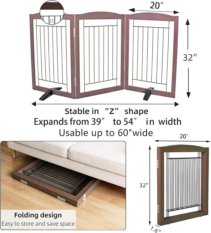 Dog Fence Indoor,Dog Gate Indoor for Doorway pet gate -3-Panel Freestanding, Hallways, House or Stairs -60x32-Inch Retractable Foldable Expandable Wood Pet by SFJC (Brown) ﻿