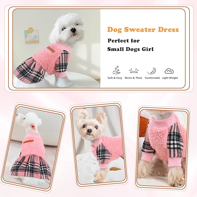 Dog Sweater Dog Winter Clothes for Small Dogs Boy Girl Fall Puppy Dress Warm Fleece Chihuahua Yorkie Teacup Doggie Sweaters Dresses Doggy Sweater for Small Dogs Girl Cat Outfits, Pink Plaid, M