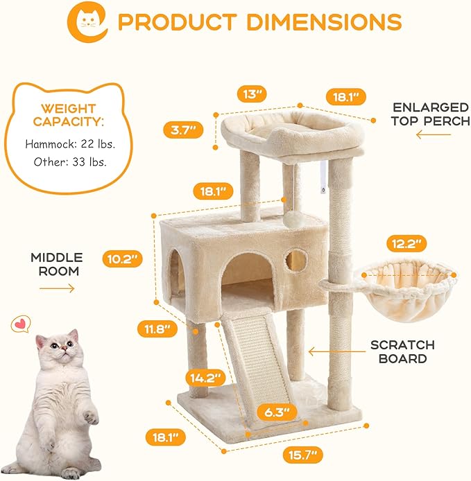 HOOMIC 36" Cat Tree for Indoor Cats, Multi-Level Cat Condo with Sisal Scratching Posts and Board, Cozy Hammock, Padded Plush Perch for Kittens, Beige