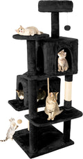 58in Large Cat Tree Tower for Indoor Cats with Soft Plush Hang Ball, Two Condos, Sisal Scratch Posts & Rope Play for Kittens/Adult Cats, Black