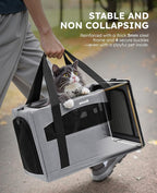 Pecute Cat Carrier Stable, Pet Carrier with Hidden Anxiety Relief Partition & Stable Steel Frame, Safe Cat Carrier for Car Travel, Soft-Sided Dog/Cat Carrier Bag for Pets Up to 11lbs, Gray