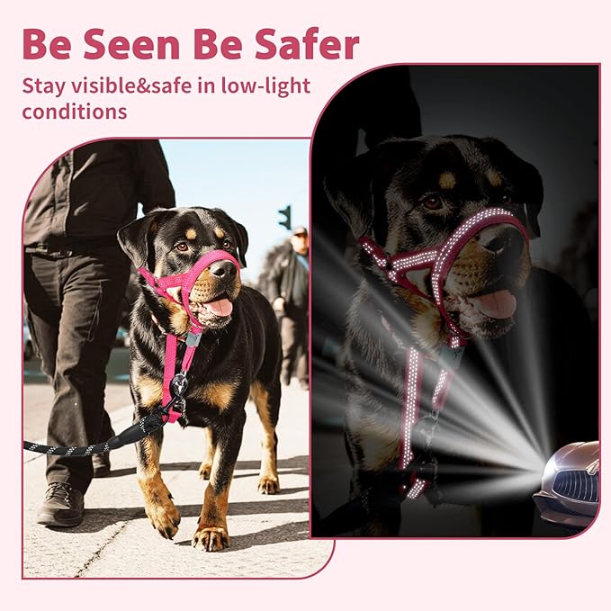 BARKLESS Sturdy No Pull Head Collar for Medium Large Dogs, Gentle Reflective Head Halter with Safety Link, Adjustable Nylon Dog Training Muzzle Leash for Walking Control (Hot Pink, L)