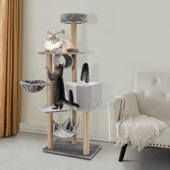 Multi-Level Cat Tower Cat Tree with Scratching Posts, Hammock, Condo, Jumping Platforms, 16.53 Lbs Load Capacity, 63" Tall Wooden Cat Condo Perch for Indoor Large/Small Cats (Silvery Grey)
