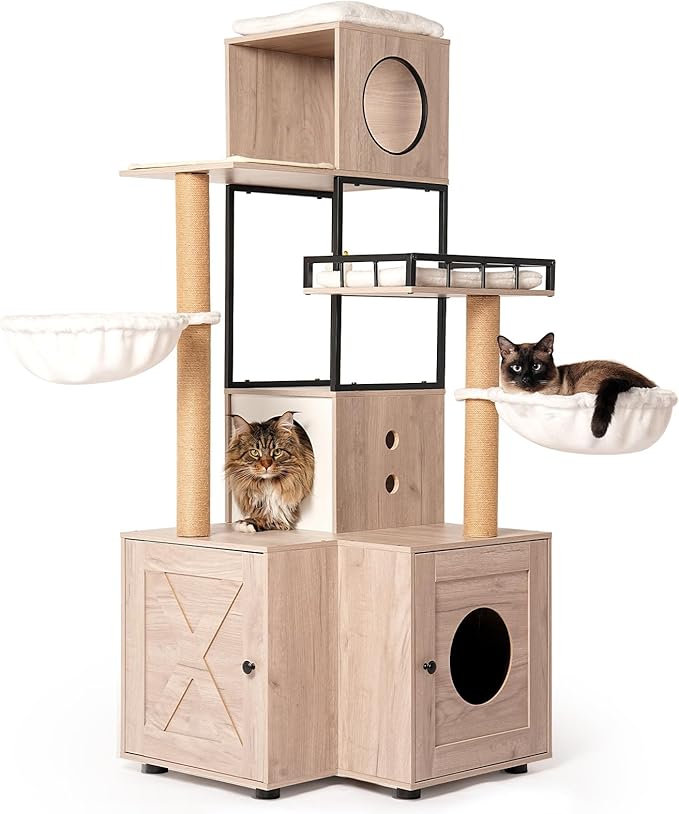Modern 63 Inch Cat Tree with Litter Box Enclosure, an All-in-One Cat Tower Featuring Dual Condos, Washable Cushions, and Sisal Scratching Posts for Indoor Cats, Rustic Gray