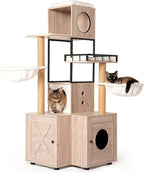 Modern 63 Inch Cat Tree with Litter Box Enclosure, an All-in-One Cat Tower Featuring Dual Condos, Washable Cushions, and Sisal Scratching Posts for Indoor Cats, Rustic Gray