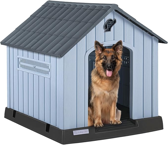 PUKAMI Large Dog House Outdoor Indoor, Plastic Dog House Weatherproof for Large Dogs, Sturdy Puppy Shelter with Air Vents and Elevated Floor, Easy Clean and Assemble (Grey, 37.2" D x 40" W x 40" H)