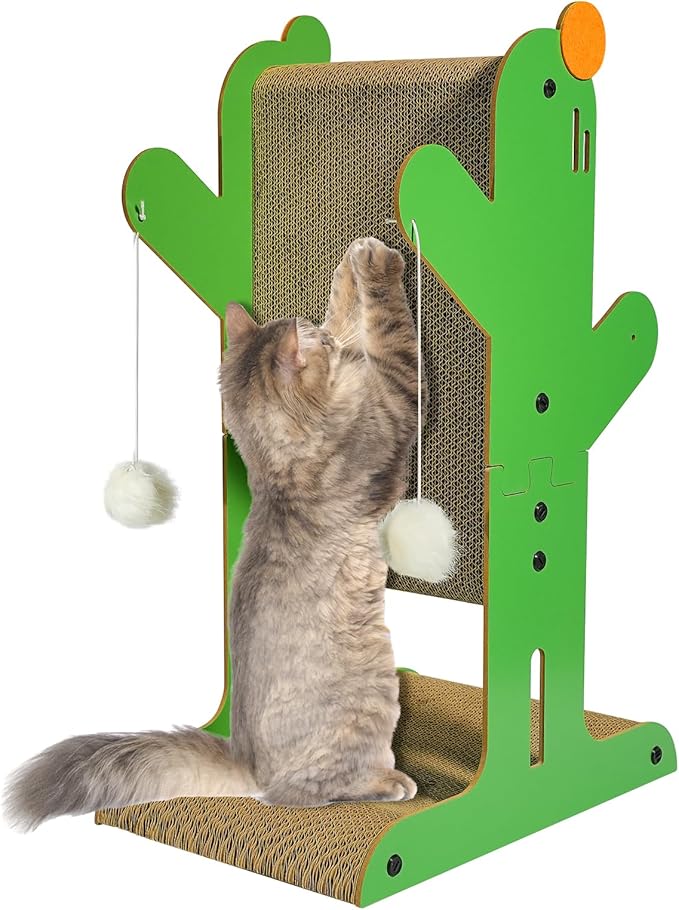 Cat Scratcher, 2-Sided Cat Cardboard Scratcher, T Shaped Vertical Cat Scratcher for Wall and Couch Protection, Cat Scratching Post with 2 Toys for Indoor Cats