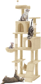YITAHOME 75in Cat Tree Tower for Indoor Cats, Multi-Level Cat Furniture with Scratching Posts, Cat Caves, Padded Perch, Cozy Hammock, Ladder, and Plush Balls for Kittens, Pet Play House Beige