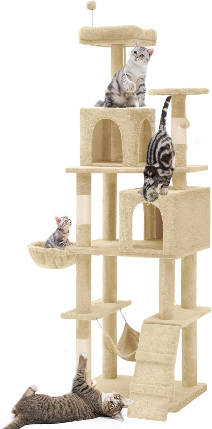 YITAHOME 75in Cat Tree Tower for Indoor Cats, Multi-Level Cat Furniture with Scratching Posts, Cat Caves, Padded Perch, Cozy Hammock, Ladder, and Plush Balls for Kittens, Pet Play House Beige