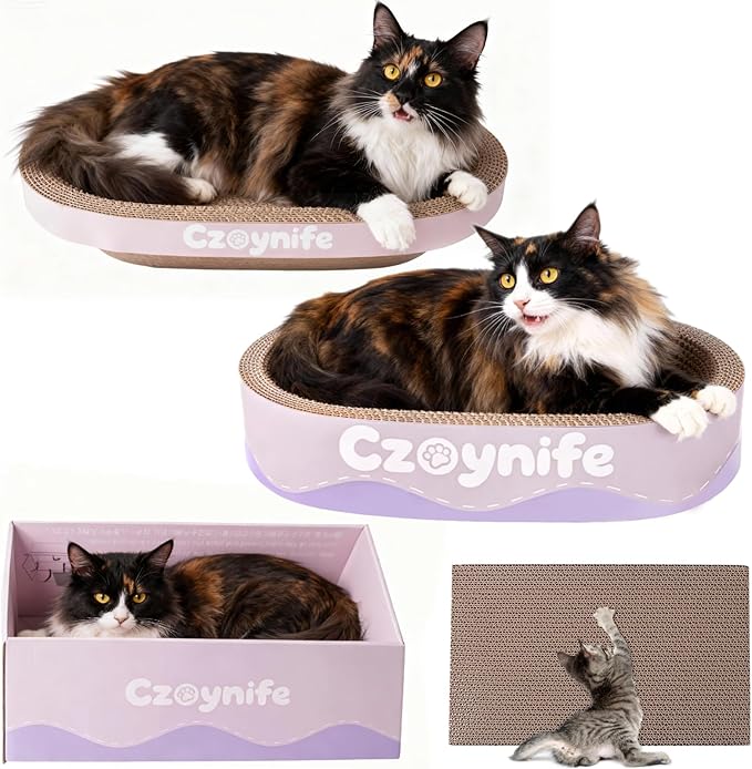 3PCS Cat Scratcher Bed, Oval Cat Scratcher Pad Bowl Nest for Indoor Cats, Round Cat Scratching Cardboard, Furniture Protector for Couch, for Kittens (Purple, 17 * 11.5 in)