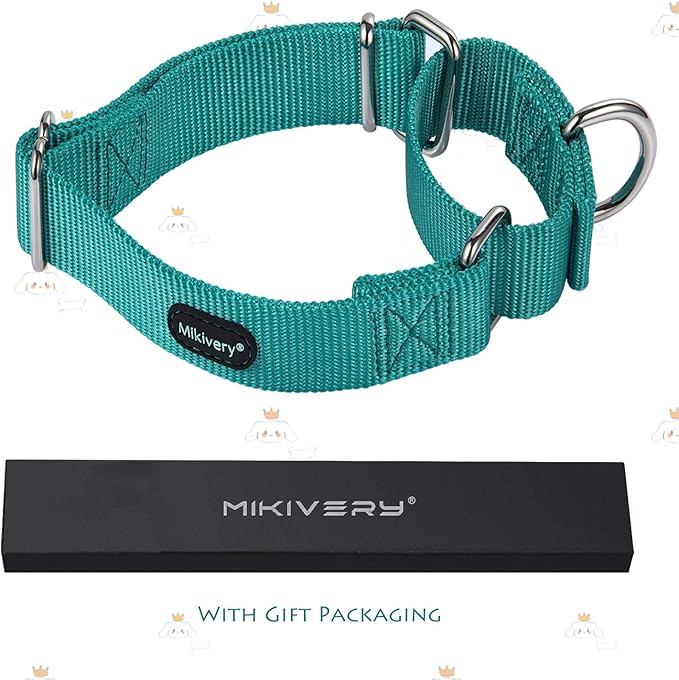Mikivery Martingale Dog Collar Nylon Adjustable and Safety Training Colourful Comfortable Metal Buckle Pet Collars for Small Medium and Large Dogs(Teal,L)
