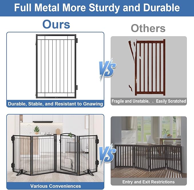 Full Metal Freestanding Dog Gate with Cat Door for Outdoor&Indoor,32" Tall Foldable Dog Fence,80" Extra Wide Freestanding Pet Gate for Large Openings,Stairs,Deck,Yard,Doorways(4 Panels,Black)