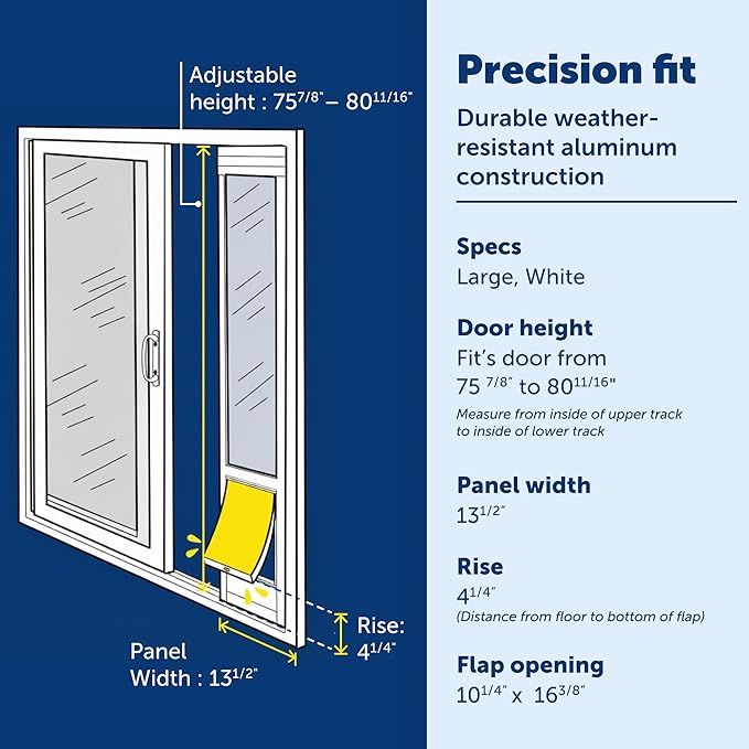 PetSafe Sliding Glass Pet Door - No-Cut DIY Install Doggy Door for Renters - Aluminum Frame - Adjustable Height 75 7/8" to 80 11/16" - Ideal for Large Dogs Up to 100 lb - White
