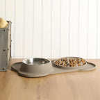 Gibson Home Curious Canines Slow Feeder Dog Bowl Set, 16” Bone Shaped Double Bowl, Silicone Base with Stainless Steel Insert, Anti-Gulp Feeding, Dishwasher Safe, Taupe