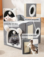 Cat Bed for Indoor Cats Foldable Cat Houses with Fluffy Ball and Scratch Pad Large Cat Cave Green Cat Hideaway