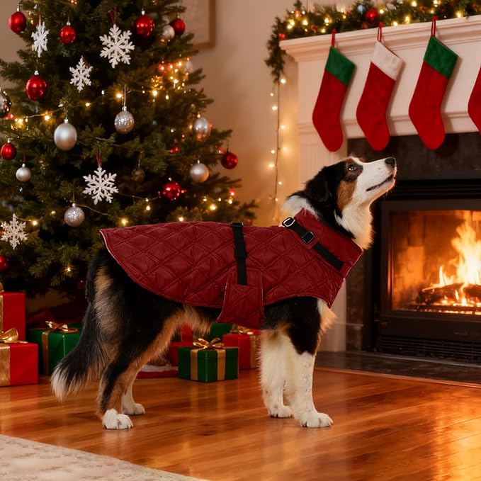 Kuoser Dog Coat Warm Fleece Lining Turtleneck Dog Jacket with Harness Built-in, Adjustable Windproof Cold Weather Coats with Quick Release Buckle Pet Winter Snowsuit for Large Dogs, Red XL
