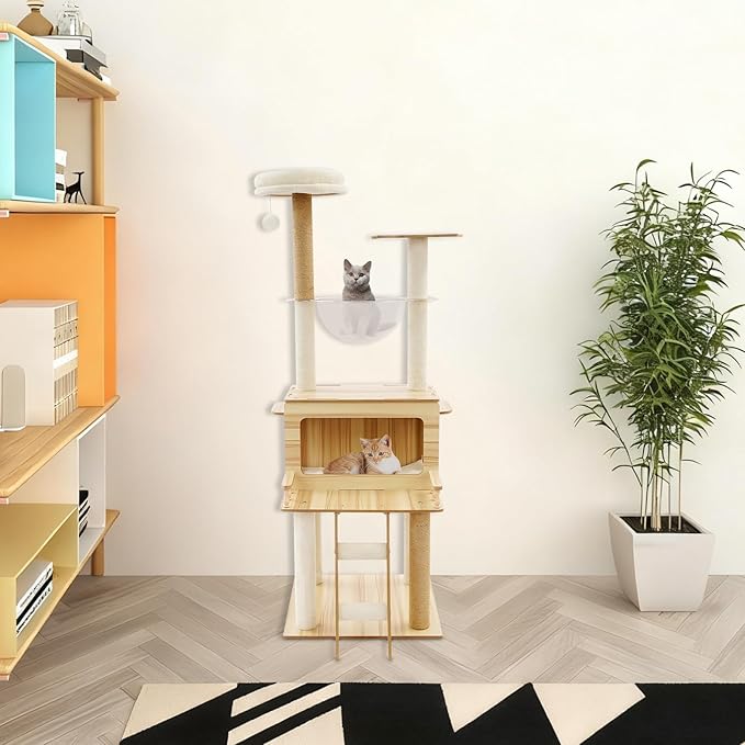 Multilevel Cat Tower 57.9 Inch Tall MDF Cat Tree with Scratching Posts, Climbing Steps and Swing Ball, Wooden Cat Condo Perch for 3-4 Small Cats, Indoor Cats Tree White+Wood Color