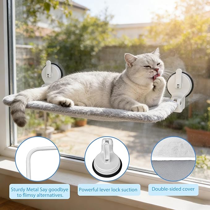 L&W BROS. 2PC Cat Window Perch with Lever Lock Suction Cups Holds up to 50 lbs Foldable & Space Saving Design Heavy Duty Window Hammock for Large or Multiple Cats (M 2Pc)