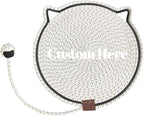 Personalized Cat Scratcher Mat, Customized with Name Text Natural Cotton Rope Round Horizontal Cat Scratching Pads with Ball Toy, Cat Furniture Protector for Wall, Couch, Carpets, Sofa (White)