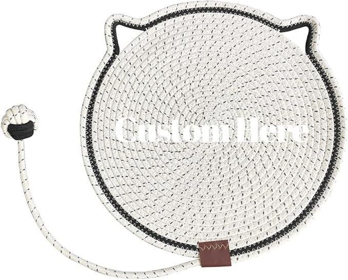 Personalized Cat Scratcher Mat, Customized with Name Text Natural Cotton Rope Round Horizontal Cat Scratching Pads with Ball Toy, Cat Furniture Protector for Wall, Couch, Carpets, Sofa (White)
