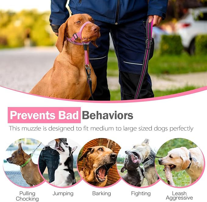 Weesiber No-Pull Dog Head Halter - Adjustable Dog Muzzle Leash, Padded Head Collar for Dogs to Prevent Heavy Pulling On The Leash(Pink,L)