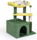 26.7" Small Cat Tree for Indoor Cats, Multi-Level Cat Tower with Sisal Scratching Post & Pad, Cozy Cat Condo, Padded Top Perch & Self Groomer, Forest Green & Yellow