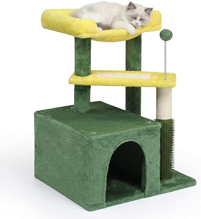26.7" Small Cat Tree for Indoor Cats, Multi-Level Cat Tower with Sisal Scratching Post & Pad, Cozy Cat Condo, Padded Top Perch & Self Groomer, Forest Green & Yellow
