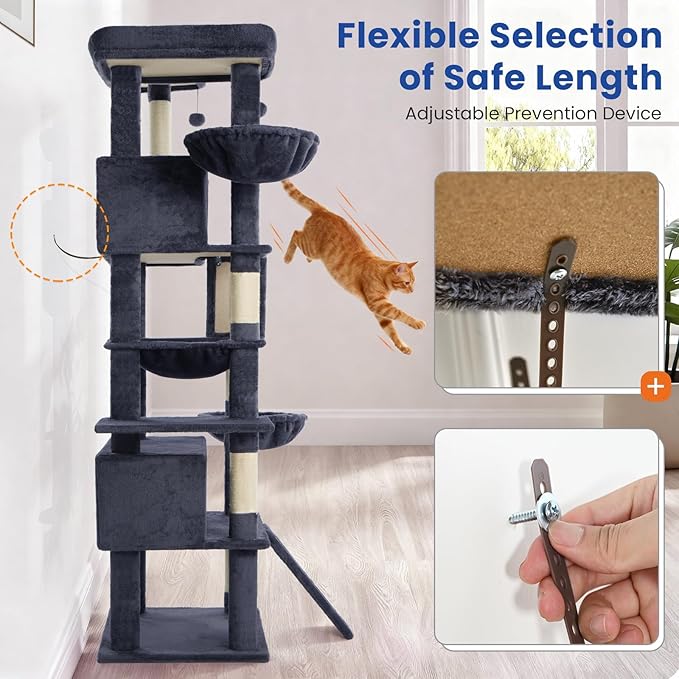 Cat Tree 82 in Multi-Level Cat Tower for Indoor Cats, Heavy Duty Large Cat Tree with Sisal Scratching Posts, Hammock, 2 Perches, 2 Condos, 2 Hanging Baskets, Light Grey
