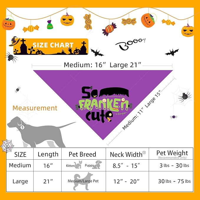 Halloween Dog Bandanas Costumes - So Franken Cute - Slogan Printed Holiday Pet Bandana Snap Button Triangle Scarf, 30-75lbs, Medium and Large Breed