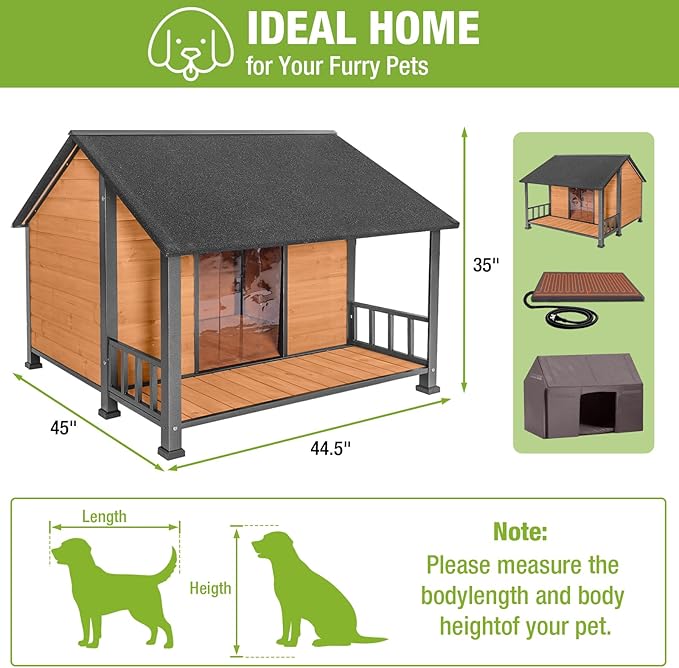 GUTINNEEN Extra Large Heated Dog House Outdoor Insulated Dog House XXL Weatherproof Chew-Proof Metal Frame Dog Kennel with Thermostat-Controlled Heating Pad, 6-Sided Thermal Liner for Large Dog Breeds