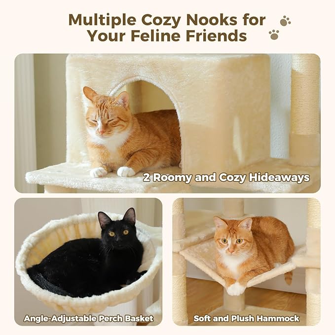 70.8" Tall Cat Tree for Indoor Cats Adult, 8-Levels Large Cat Tower with 8 Sisal Posts, 2 Hammocks, 2 Codons, Big Perch & 3 Pom Poms for Multi Cats Household– Plush Beige