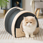 Hollypet Cat Bed Self-Warming 2 in 1 Foldable Kitty Cave Hut House Nest Pet Sleeping Bed, Crystal Velvet Pet Condo for Indoor Cats, Dark Gray Arched Cave