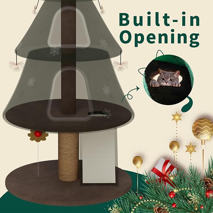 53" Large Christmas Cat Tree Tower: Indoor Green Heavy Duty Cat Condo House with Scratching Post & Toys for Xmas Decorations
