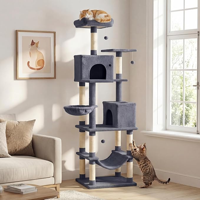 PETSITE 80-inch Tall Modern Cat Tree, Multi-Level Cat Tower with 2 Comfy Condos, Sisal Scratching Posts, Side Basket, Snug Hammock, and Dangling Balls, Ideal for Indoor Cats and Kittens (Dark Grey)