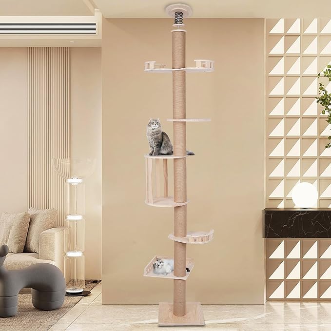 100.4-104.3 Inches Cat Tree Floor to Ceiling, Adjustable Cat Climbing Tower with Springboard Large Fence House Square Fence, Multi-Level Furniture for Indoor Cats