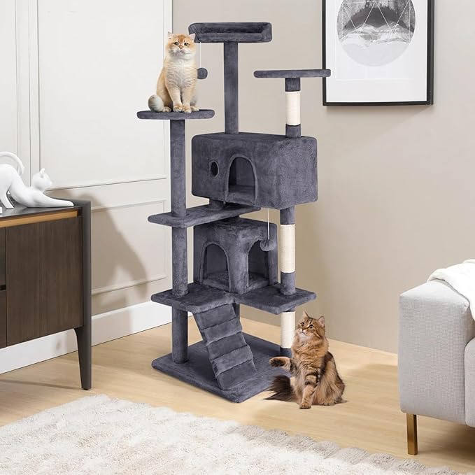 Cat Tree 53 inches Cat Tower for Indoor Cats Cat House with Replaceable and Removable Dangling Ball Cat Trees and Towers with Funny Toys, ASHY