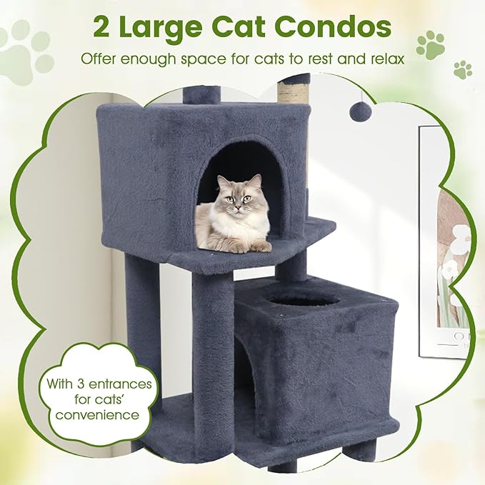 PETSITE 57-inch Modern Cat Tree, Multi-Level Cat Tower with 2 Comfy Condos, Sisal Scratching Posts, Plush Top Perch, Snug Hammock, and Dangling Balls, Ideal for Indoor Cats and Kittens (Dark Grey)