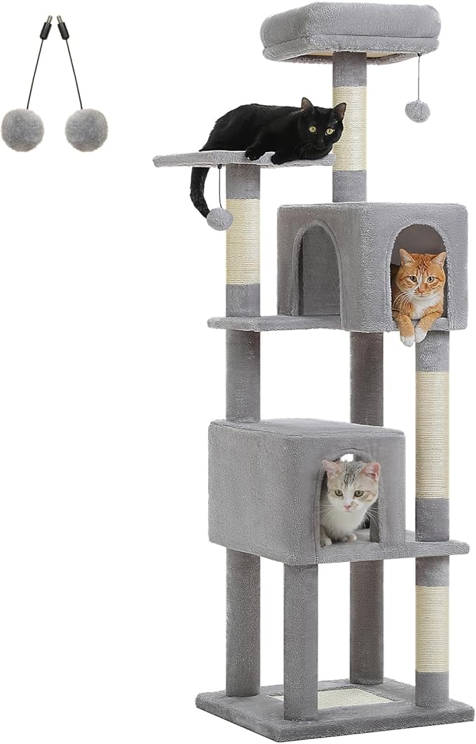 PEQULTI 62" Cat Tree for Indoor Cats, Multi-Level Cat Tower with Cozy Cat Condo Clearance Prime, Grey