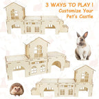 BWOGUE Extra Large Wooden Rabbit Hideout Castle, Detachable Bunny Castle for Rabbits Chinchillas Guinea Pigs, Sturdy Bunny Play House Indoor with Stairs, Small Animal Play Hideaway Hutch