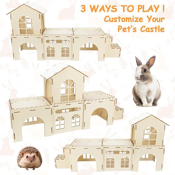 BWOGUE Extra Large Wooden Rabbit Hideout Castle, Detachable Bunny Castle for Rabbits Chinchillas Guinea Pigs, Sturdy Bunny Play House Indoor with Stairs, Small Animal Play Hideaway Hutch