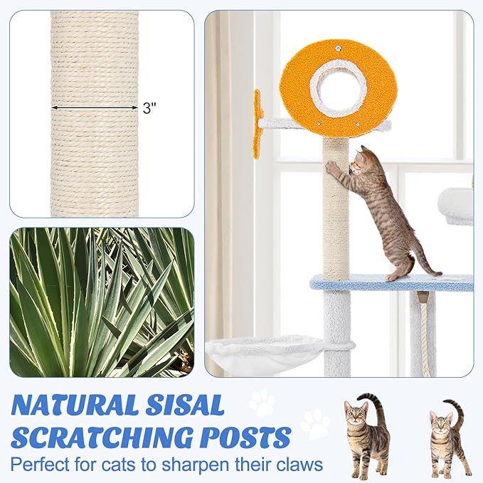 PETSITE Ocean-Themed Cat Tree for Indoor Cats, Multi-Level Cat Tower with Natural Sisal Scratching Posts, Hanging Toys and Padded Top Perch, Modern Cat Tree for Large Cats 20 lbs Heavy Duty (66")